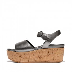 Women's Fitflop Eloise Cork Wrap Wedge Sandals Obsidian | CA-3185497-HP