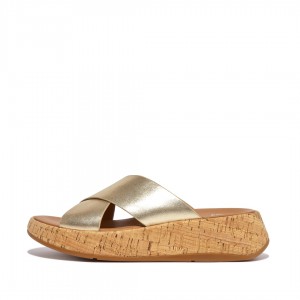 Women's Fitflop F-Mode Metallic Cross Slides Slides Gold | CA-1670542-GS