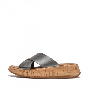 Women's Fitflop F-Mode Metallic Cross Slides Slides Silver | CA-8217963-KW