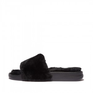 Women's Fitflop Iqushion Shearling Slides Slides Black | CA-1294850-ET