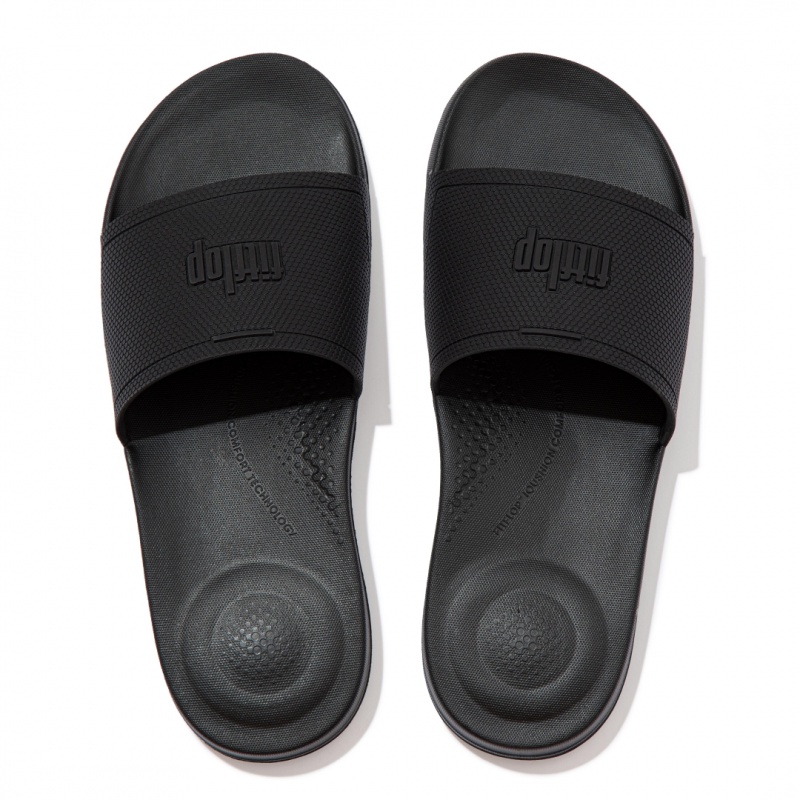 Men's Fitflop Iqushion Rubber Slides Black | CA-0834516-ID