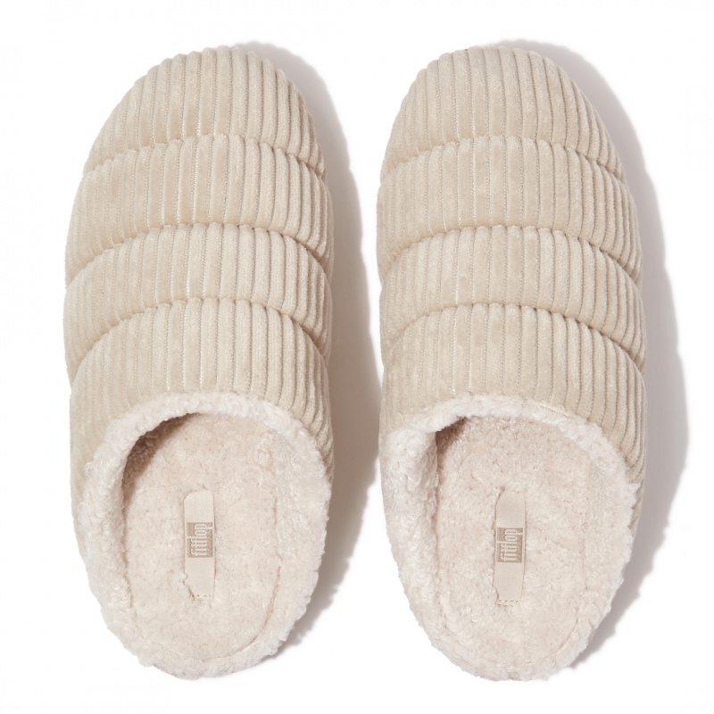 Women's Fitflop Chrissie Corduroy Polyester Slippers White | CA-3497162-IM