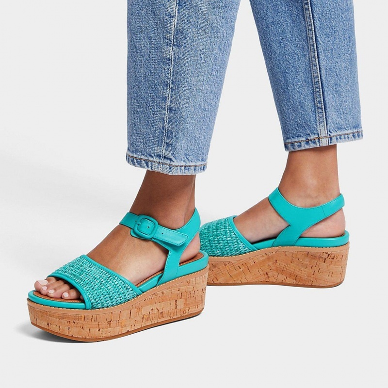 Women's Fitflop Eloise Faux Raffia Back Strap Wedge Sandals Blue | CA-6942507-OC