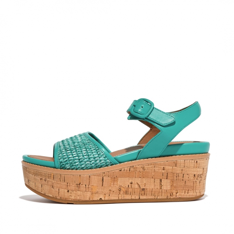 Women\'s Fitflop Eloise Faux Raffia Back Strap Wedge Sandals Blue | CA-6942507-OC