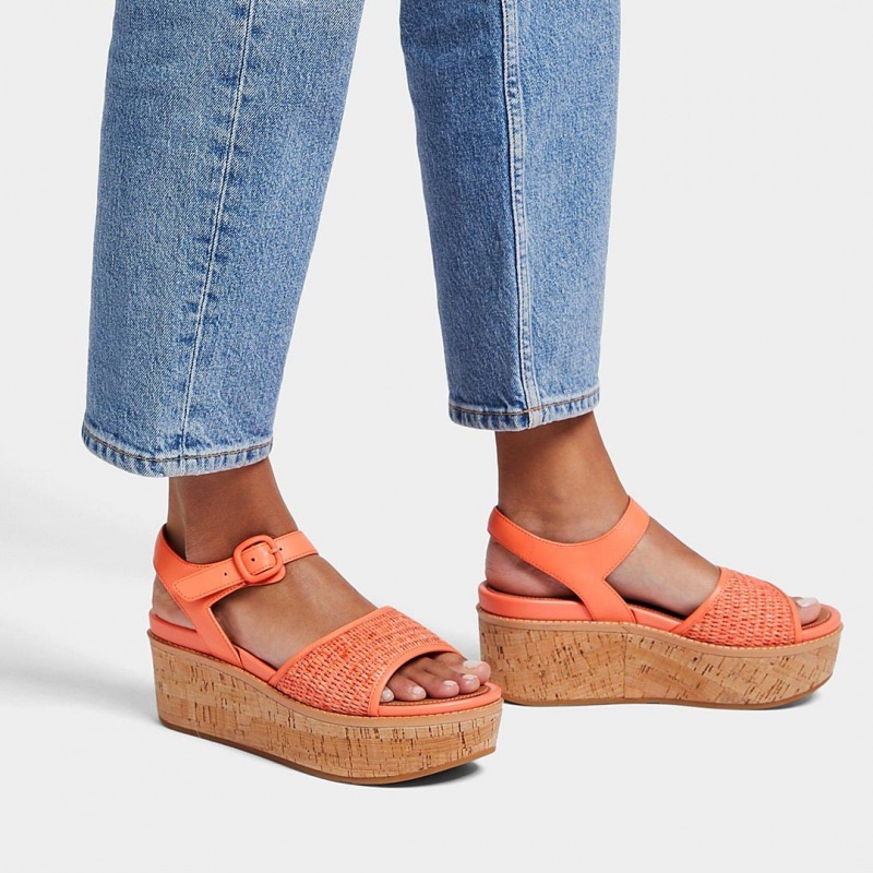 Women's Fitflop Eloise Faux Raffia Back Strap Wedge Sandals Orange | CA-1637240-QM