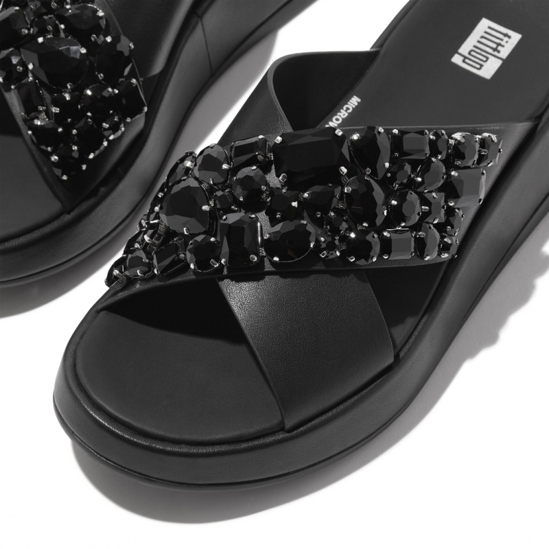 Women's Fitflop F-Mode Leather Slides Black | CA-9342865-UH