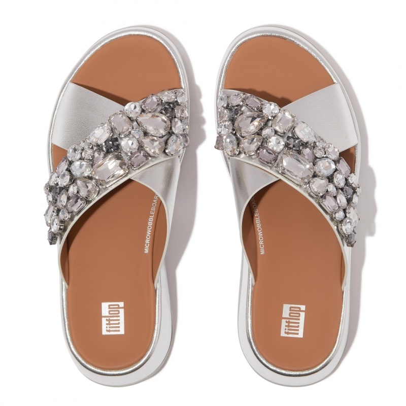 Women's Fitflop F-Mode Leather Slides Silver | CA-6489321-LQ