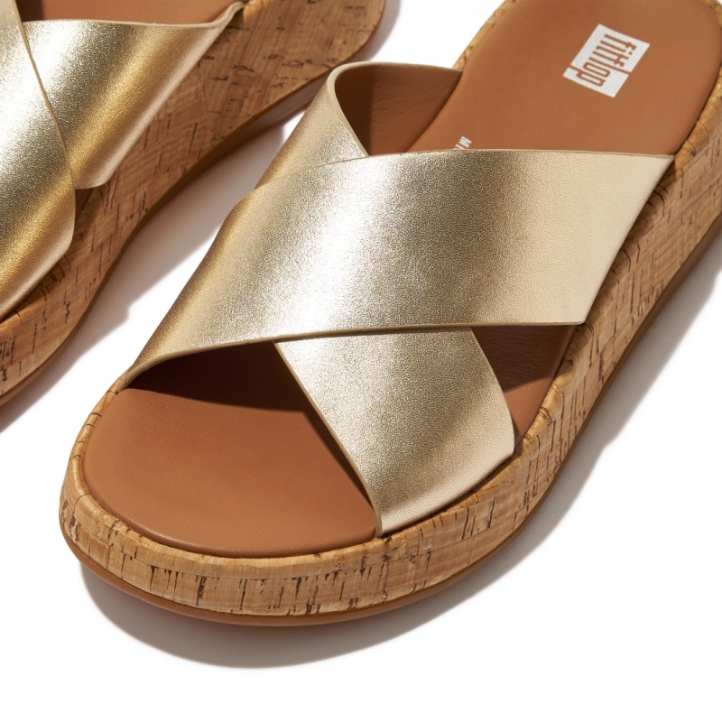 Women's Fitflop F-Mode Metallic Cross Slides Slides Gold | CA-1327064-QD