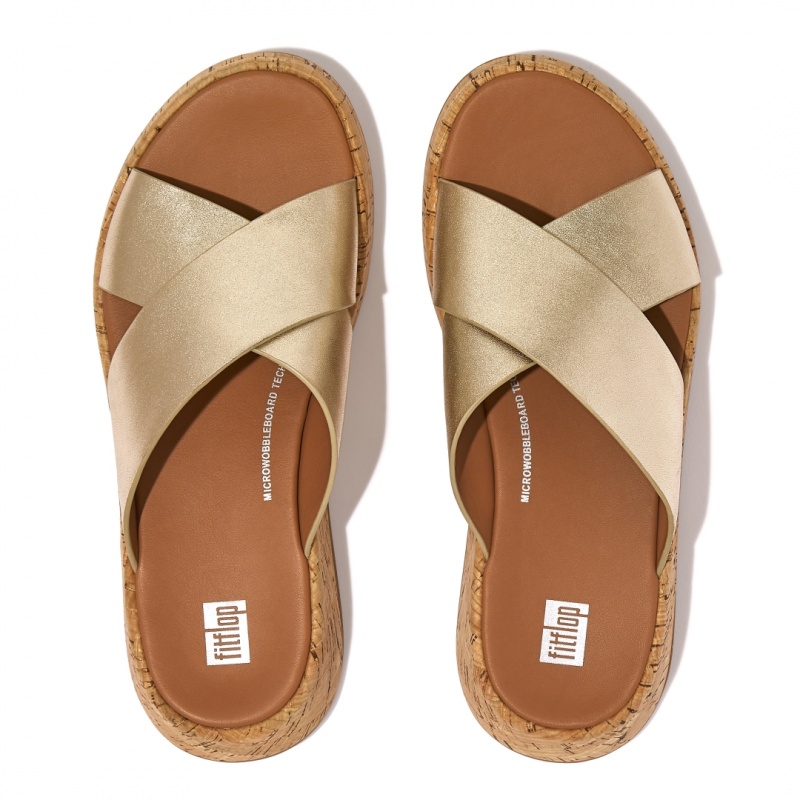 Women's Fitflop F-Mode Metallic Cross Slides Slides Gold | CA-1327064-QD