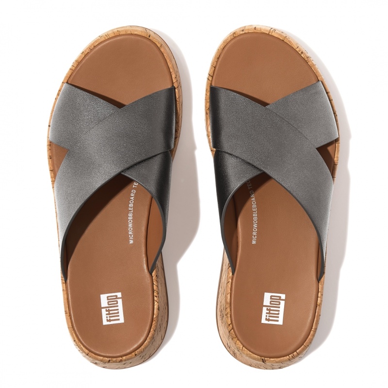 Women's Fitflop F-Mode Metallic Cross Slides Slides Silver | CA-8217963-KW