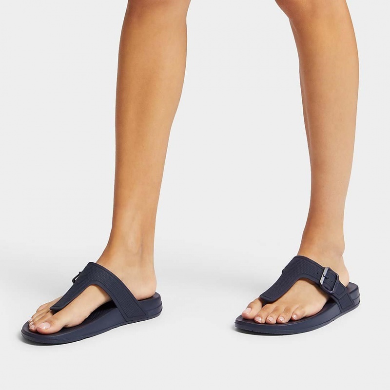 Women's Fitflop Iqushion Adjustable Buckle Flip Flops Navy | CA-2069341-FQ