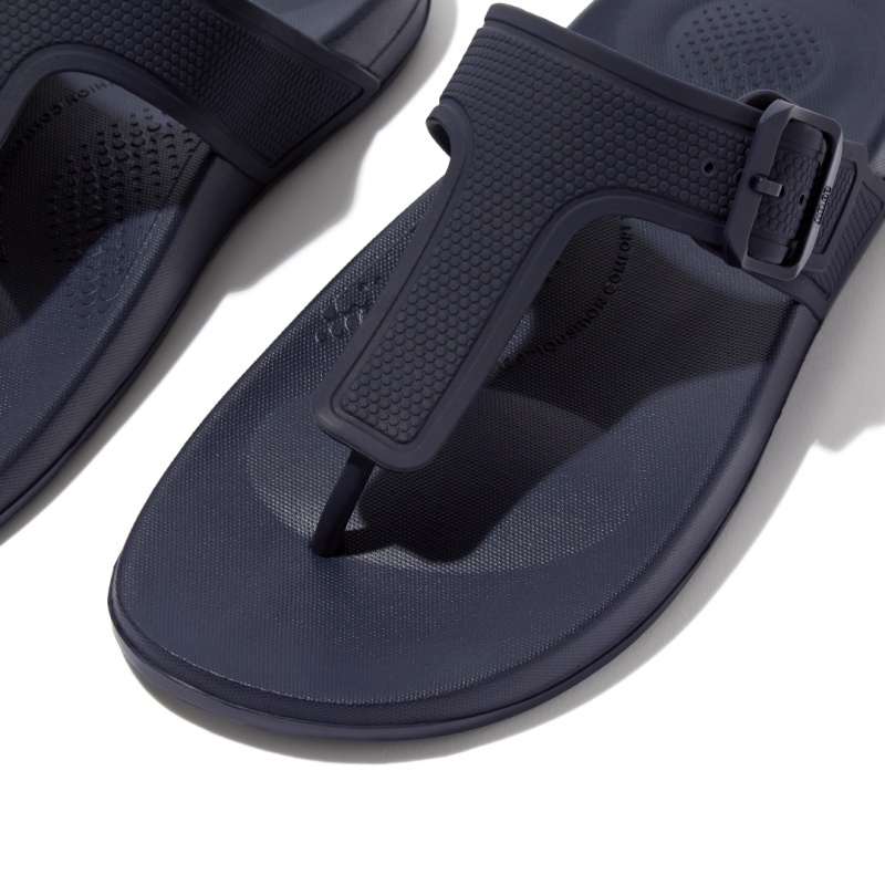 Women's Fitflop Iqushion Adjustable Buckle Flip Flops Navy | CA-2069341-FQ