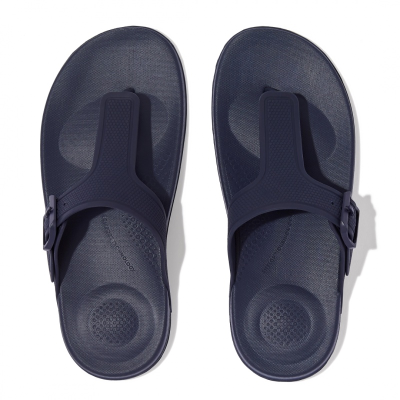 Women's Fitflop Iqushion Adjustable Buckle Flip Flops Navy | CA-2069341-FQ