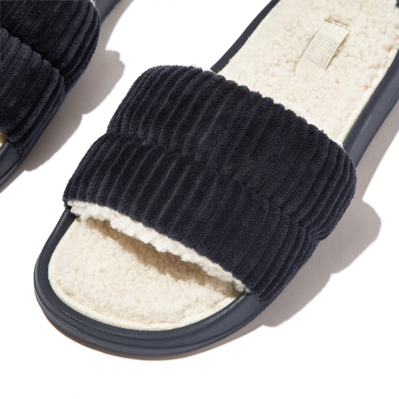 Women's Fitflop Iqushion Corduroy Polyester Slides Slides Navy | CA-5407381-SN