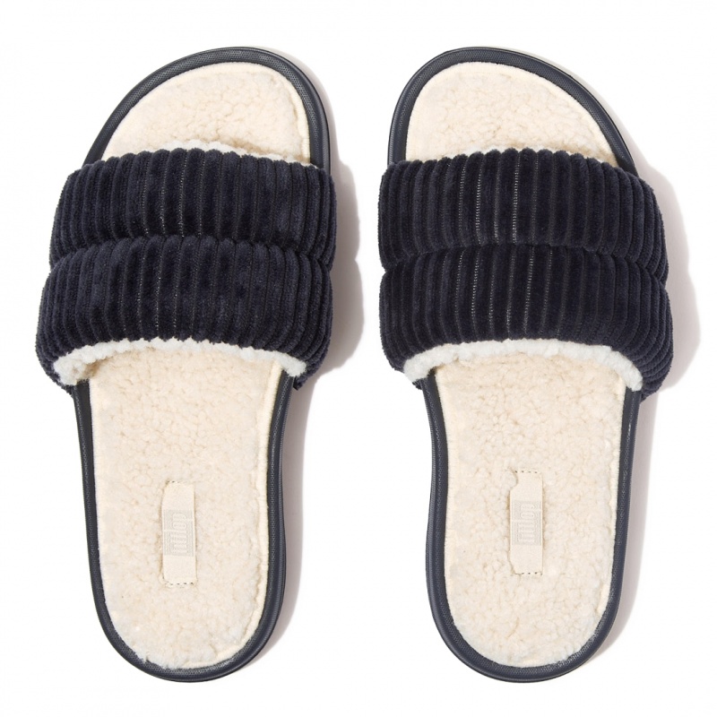 Women's Fitflop Iqushion Corduroy Polyester Slides Slides Navy | CA-5407381-SN