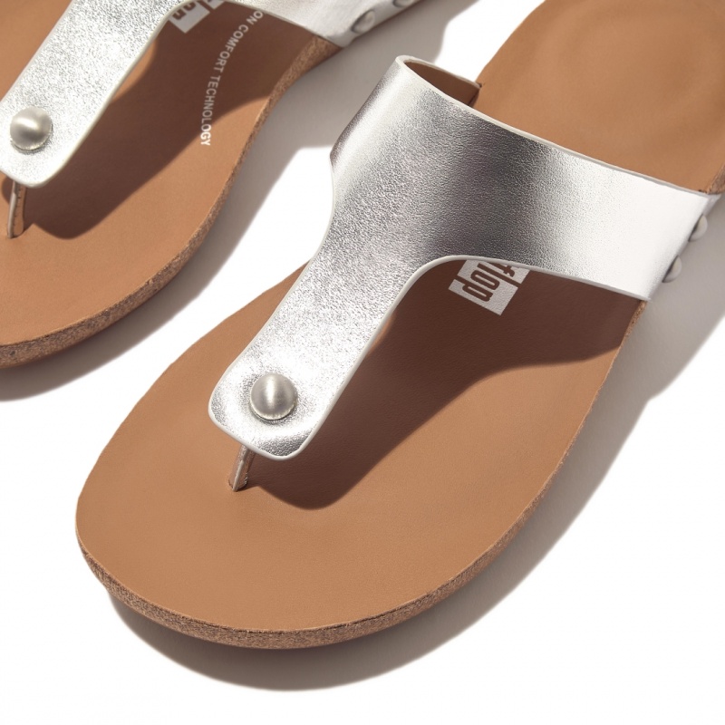 Women's Fitflop Iqushion Leather Thongs Toe-Post Sandals Silver | CA-9287640-MG