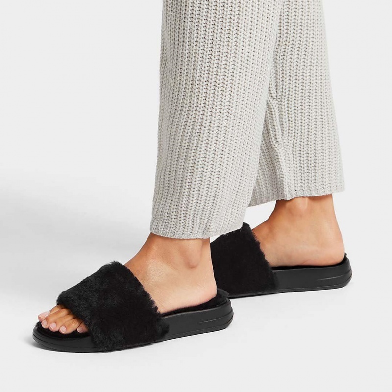 Women's Fitflop Iqushion Shearling Slides Slides Black | CA-1294850-ET