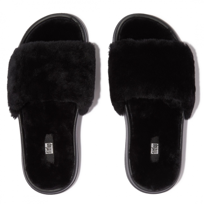 Women's Fitflop Iqushion Shearling Slides Slides Black | CA-1294850-ET