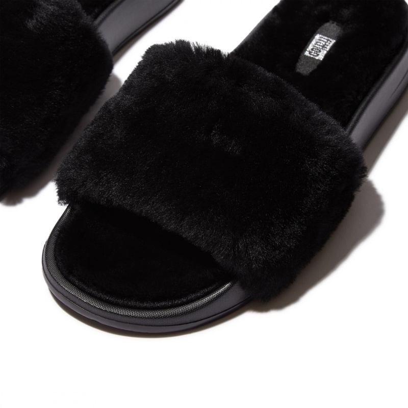 Women's Fitflop Iqushion Shearling Slides Slides Black | CA-1294850-ET