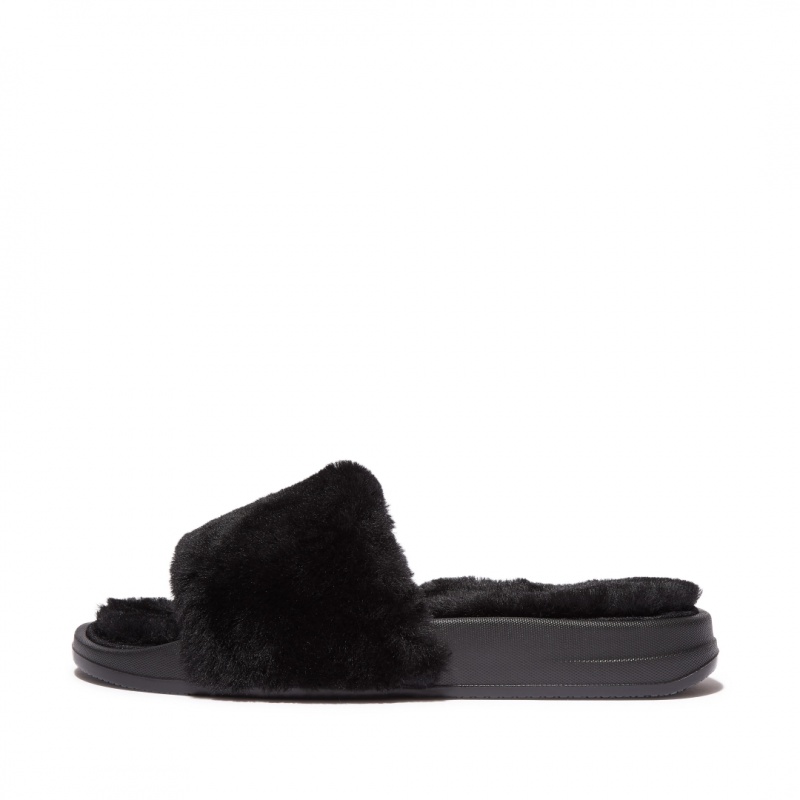 Women\'s Fitflop Iqushion Shearling Slides Slides Black | CA-1294850-ET