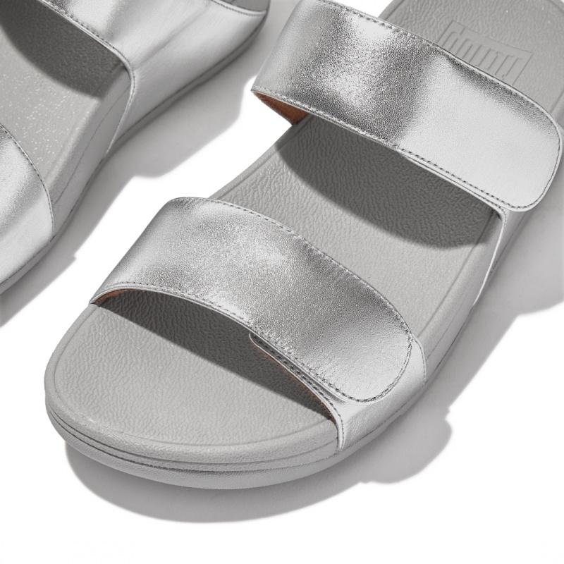 Women's Fitflop Lulu Adjustable Metallic Leather Slides Silver | CA-2157039-VC