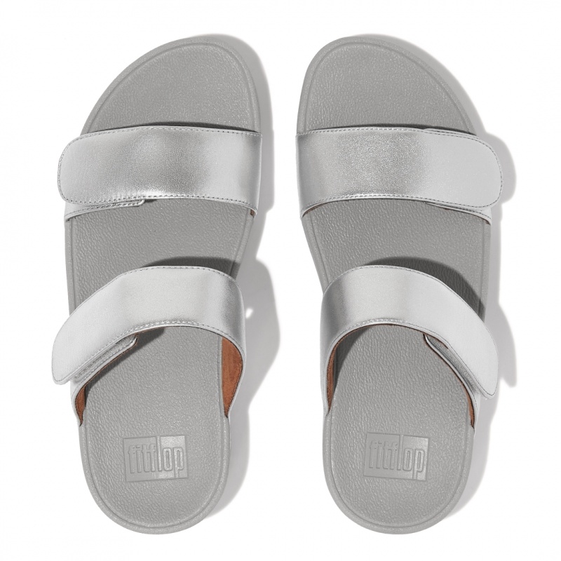 Women's Fitflop Lulu Adjustable Metallic Leather Slides Silver | CA-2157039-VC