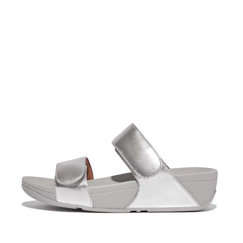 Women\'s Fitflop Lulu Adjustable Metallic Leather Slides Silver | CA-2157039-VC